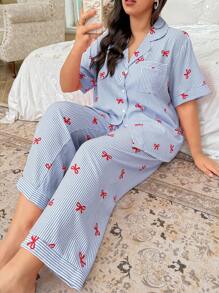 CottageSlumber Conjunto de pijama de pantalón y blusa de manga corta con estampado de rayas y moño, talla grande - Multicolor - Ver 4