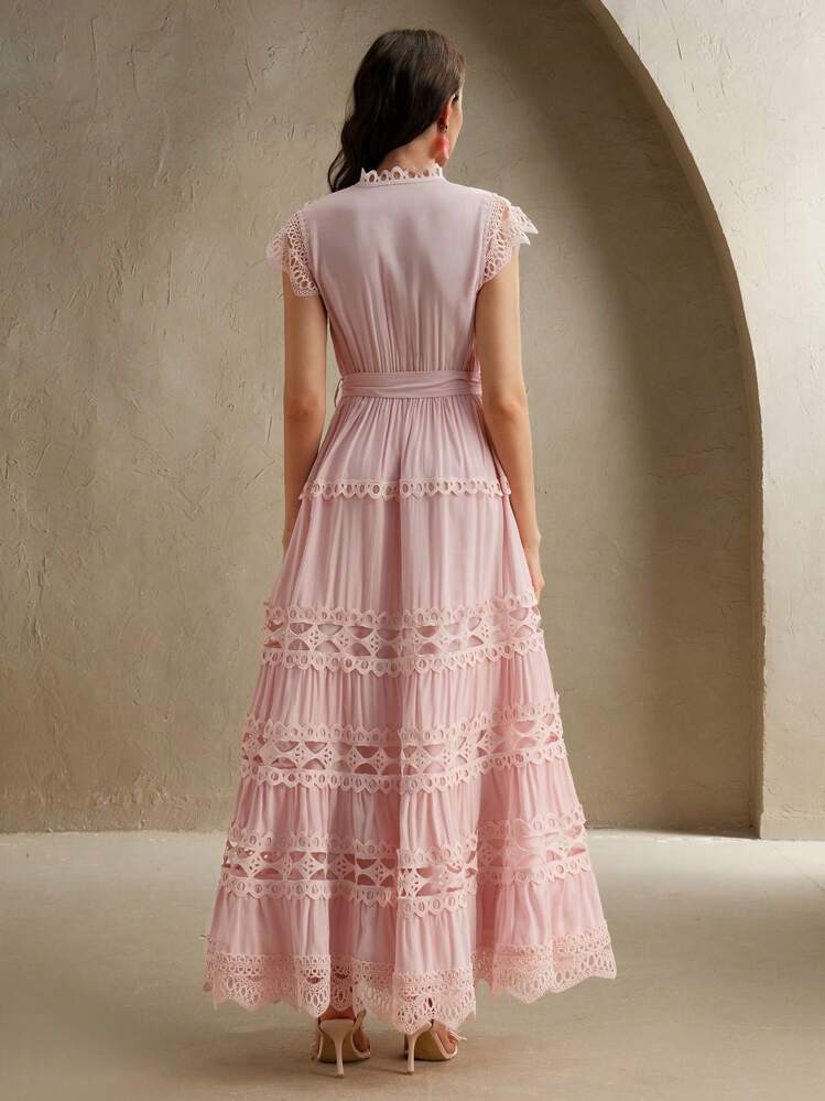 Anewsta Vestido longo elegante de renda com cor sólida e recortes para mulheres, Verão, Praia, Feriado, Casual - Rosa chiclete - Visão 2