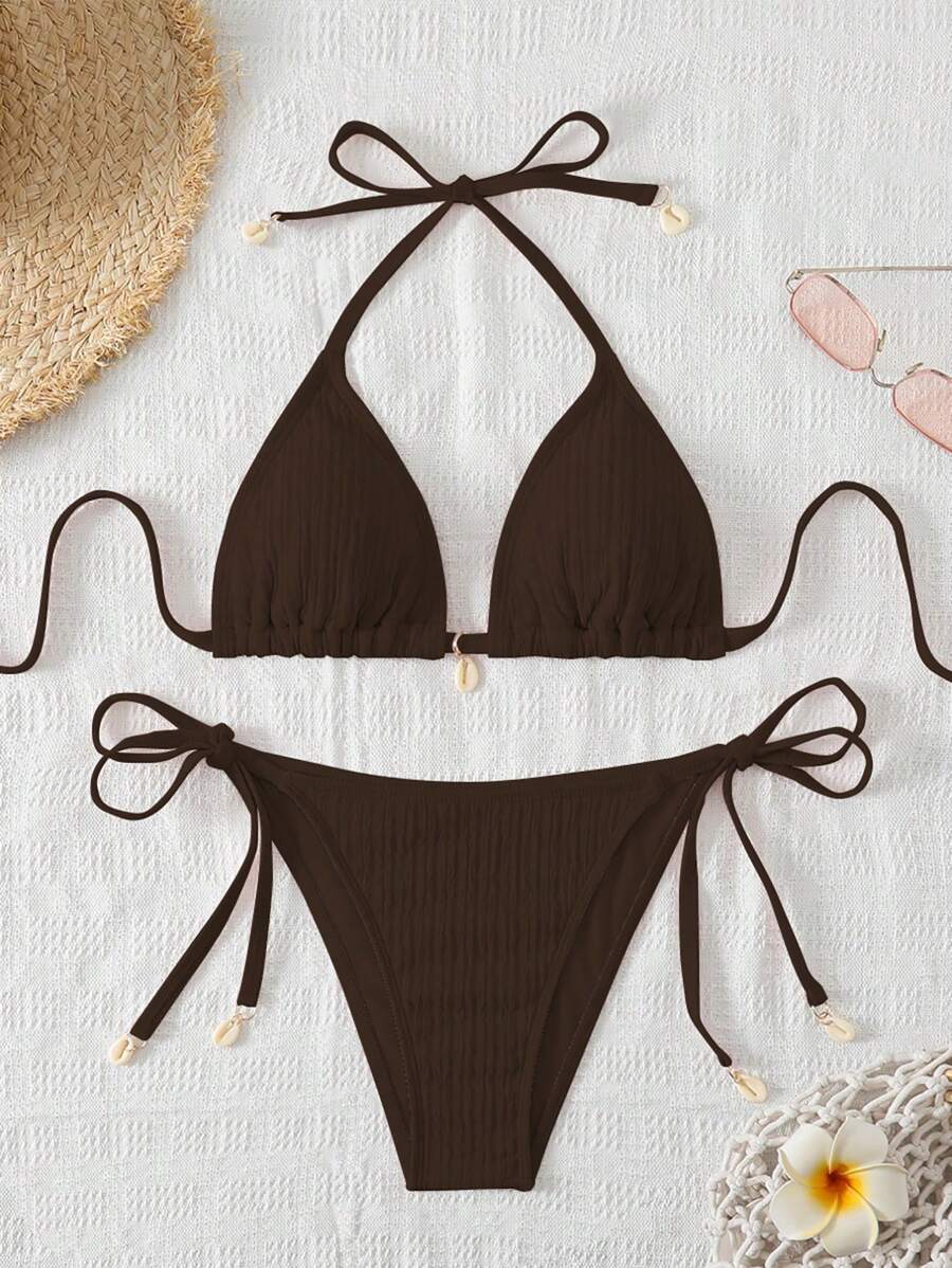 Swim Mod Women Vacation & Beach Solid Color Swimsuit Set For Summer - Coffee Brown - View 1