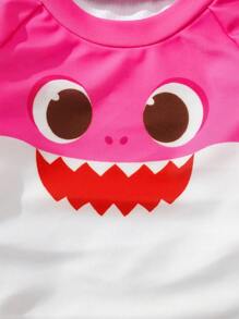 BABY SHARK X SHEIN 女宝宝卡通粉色鲨鱼印花拼色泡泡袖荷叶边夏季沙滩两件套泳衣套装