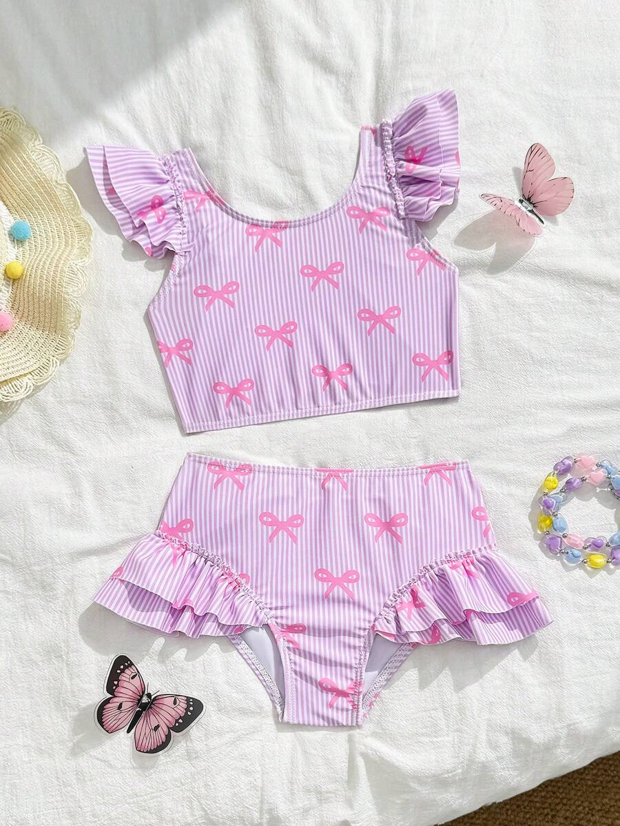 SHEIN Young Girls Striped Bow Print Cap Sleeve Bikini Swimsuit Set - Pink - View 1