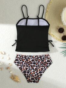 Tween Girls Tankinis - Tween Girl Leopard Print Knitted Fashion Casual Sporty 2pcs Bikini Swimsuit For Summer Young Girls Sets Summer Young Girls Sets Bathing Suits For Teens Teen Girls Bikini Sets Bathing Suits For Teens Sets Summer Bathing Suits, Beach - Multicolor - View 2