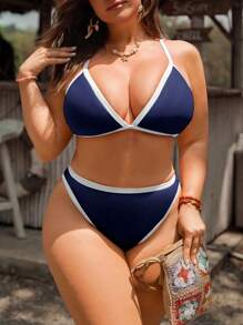Swim Mod 大码女式 2 件套拼色细肩带 3 罩杯性感分体比基尼泳装套装，休闲海滩度假装 - 彩色 - 查看 5