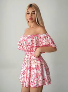 Sweetina 印花超大荷叶边露肩迷你连衣裙 - 紅白色 - 查看 4