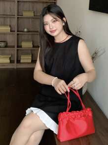 Dazy Plus 大码拼色下摆圆领无袖紧身短款夏季连衣裙，休闲女装 - 黑色 - 查看 5