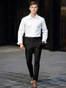 SHEIN Teen Boy Gentleman Style White Versatile Discounted Slim Fit Long Sleeve Shirt, Casual/Business Elegant Collegiate Personalized Shirt, Suitable For Daily Wear, Wedding, Wedding Guest, Pageboy, Ring Boy - White - View 1