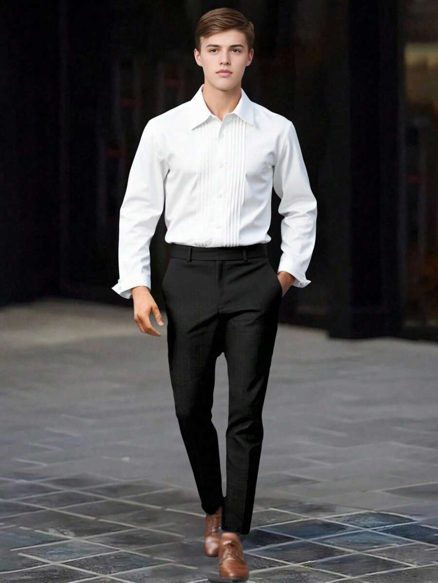 SHEIN Teen Boy Gentleman Style White Versatile Discounted Slim Fit Long Sleeve Shirt, Casual/Business Elegant Collegiate Personalized Shirt, Suitable For Daily Wear, Wedding, Wedding Guest, Pageboy, Ring Boy - White - View 1