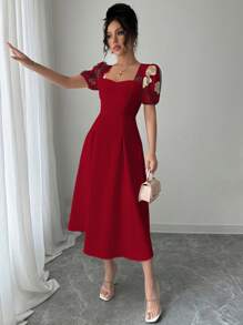 Elenzga 方领泡泡袖刺绣腰部褶饰女式连衣裙 - 紅色 - 查看 5