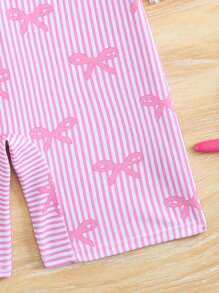 SHEIN 1 件女童条纹蝴蝶结印花拼接连体泳衣，度假海滩 - 粉色 - 查看 4