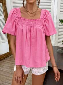 SHEIN LUNE ملابس علوية قطن كاجوال 100% بياقة مربعة وأكمام مكشكشة للنساء في الإجازة، قمصان صيفية كيوت للخروج، أنماط بوهيمية للخروج، قمصان صيفية كيوت للنساء، قمصان صيفية للنساء، قمصان قطن كتان للخروج للنساء، قمصان صيفية للنساء، قمصان حمراء للنساء في الصيف، قمصان للخروج للنساء في الصيف - روز أحمر - مشاهدة 5