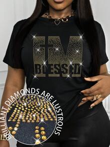 Maweii Plus Size Casual Women's Tops 'IM ' Hot Diamond Graphic Round Neck T-Shirt - Black - View 1