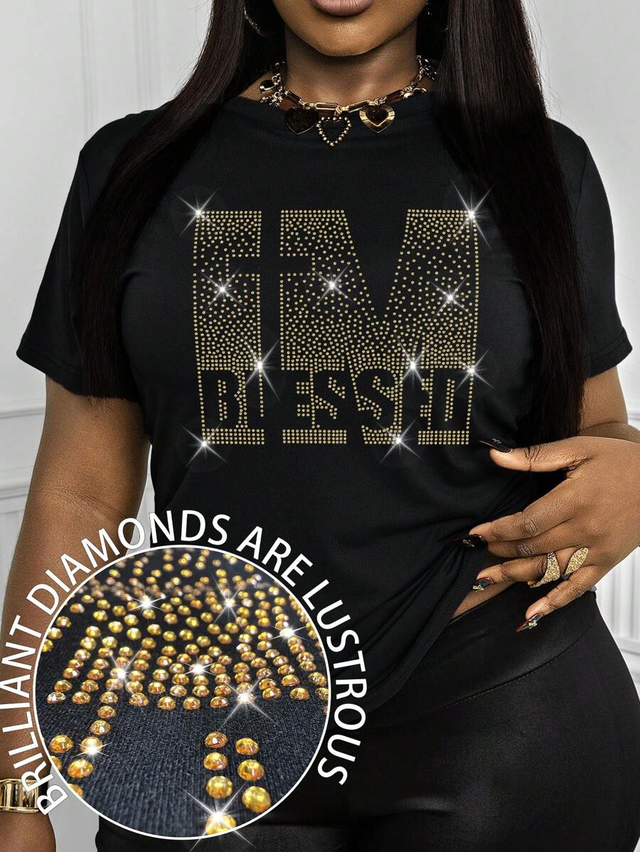 Maweii Plus Size Casual Women's Tops 'IM ' Hot Diamond Graphic Round Neck T-Shirt - Black - View 1