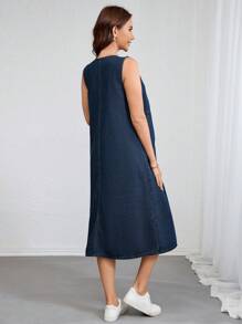 SHEIN 孕妇拼布无袖牛仔连衣裙，带侧袋，休闲夏日 - 深色水洗藍 - 查看 2