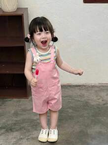 SHEIN 2pcs Baby Girls Casual Cute Bunny Print Colorful Striped Sleeveless Top And Shorts Set, For Daily Wear, Holiday, Outdoor Activity, Spring/Summer - Pink - View 1
