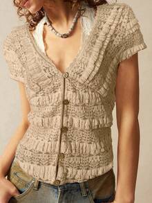 Bohemela Áo cánh tay ngắn cổ chữ V màu trơn dành cho nữ - Màu Khaki - Xem 5