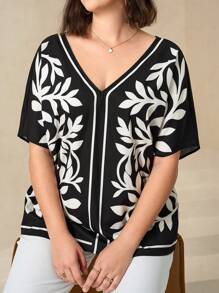 Chikora 大码女式V领短袖印花衬衫，夏季女式商务休闲上衣，适合春季穿着。 - 彩色 - 查看 5