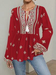 EMERY ROSE Women Retro Floral Print Long Sleeve Tie Front Shirt Peplum Top Fall Cloth For Women - Red - View 5