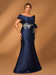 Serin 大码夏季优雅浪漫华丽深蓝色露肩奢华亮片贴花设计蝴蝶结微鱼尾裙，适合晚宴、单身派对、约会、假日、音乐节、婚礼、新娘、母亲礼服、情人节等场合。 - 藏蓝色 - 查看 6