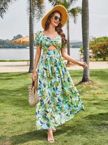 Breezaya Women's V-Neck Puff Sleeve Leaf Print Swing Dress - Multicolor - View 6