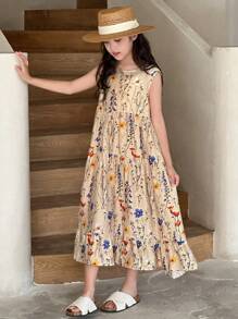 Dazy Kids Vestido de flores pequeñas sin mangas para niñas talla grande, de verano