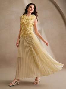 Anewsta 女士优雅褶皱珍珠花朵装饰连衣裙 - 淡黃色 - 查看 5