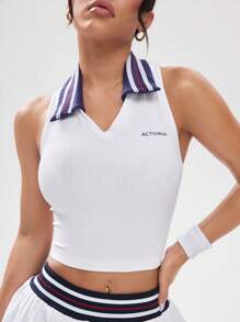 女式拼接领无袖休闲运动 Polo 衫，夏季时尚 - 白色 - 查看 4