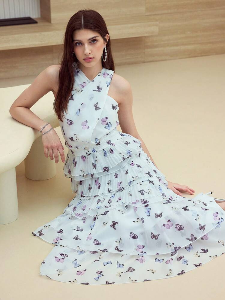 MOTF STUDIO BUTTERFLY PRINT RUFFLE COCKTAIL DRESS