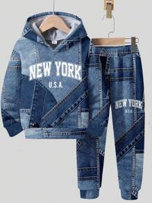 Manfinity VCAY Men's Autumn Letter & Denim Effect Hooded Sweatshirt And Sweatpants 2 Pieces Set, For Fall Winter - Blue - View 1