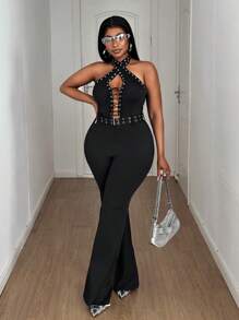 Maweii 大码女式镂空交叉设计露背性感针织连体裤