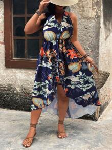 SHEIN Clasi Plus Size Printed Halter Neck Asymmetrical Top + Shorts 2 Pieces Set Woman S Summer Clothes Women Summer Clothing Women Summer Sets Women Plus Sun Dress - Navy Blue - View 4