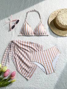 Conjunto de traje de baño de niña preadolescente con estampado de rayas y escote de halter