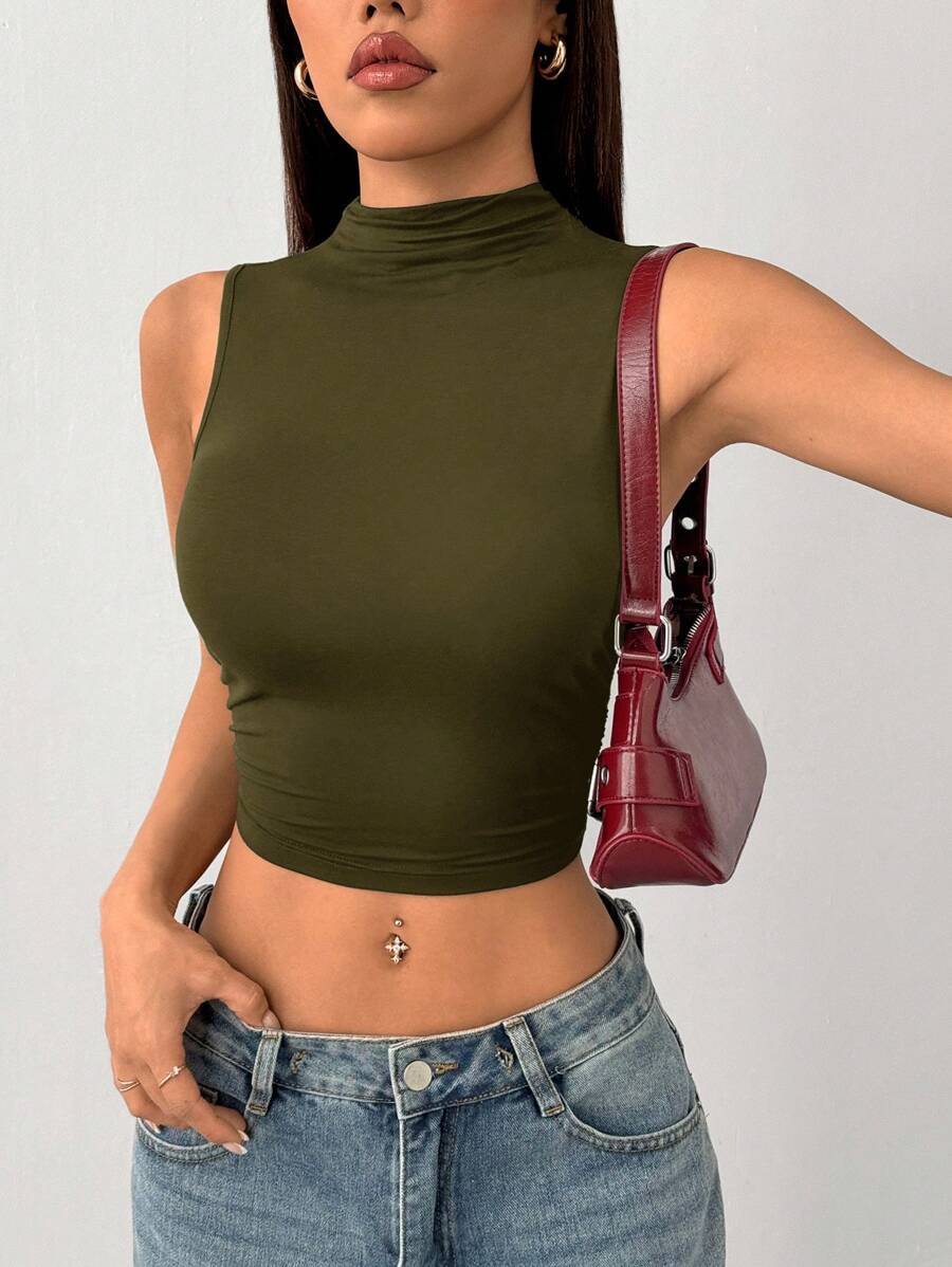 SHEIN PETITE Camiseta corta con cuello de tortuga - Verde militar - Ver 1