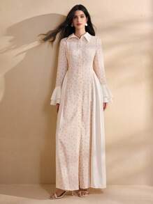 Graceveil Women's Shirt Collar Flare Sleeve Splicing French Elegant Floral Dress Fall Cloth For Women - White - View 5