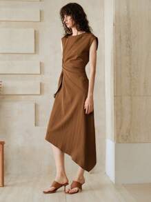 Zanirela Zanirela 女士夏季时尚不对称腰部扭结褶皱不对称下摆无袖中长休闲连衣裙，卡其色女装，女士夏季服装，工作夏季连衣裙 - 咖啡 - 查看 8
