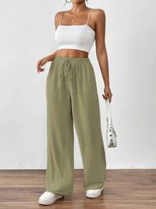 SHEIN PETITE Quần dài đơn giản màu trơn cho nữ - Màu xanh Ô liu - Xem 5
