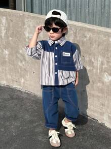 SHEIN 2 件套年轻男孩条纹印花长袖衬衫和裤子，时尚夏季服装 - 藍色 - 查看 1