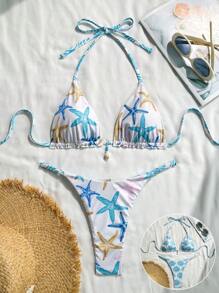 Swim Mod Set de 2 piezas de biquini de verano con parte superior tipo tirantes con estampado aleatorio y textura acanalada, sujetador triangular y tanga - Multicolor - Ver 1