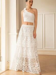 Aveloria Rosie Elegant Paisley Embroidered Tiered Maxi Skirt, French Romantic Style, Spring/Summer - White - View 2