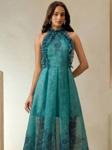 Anewsta New Summer Elegant Ruffle Spaghetti Strap Sleeveless A-Line Dress With Placement Print - Green - View 4