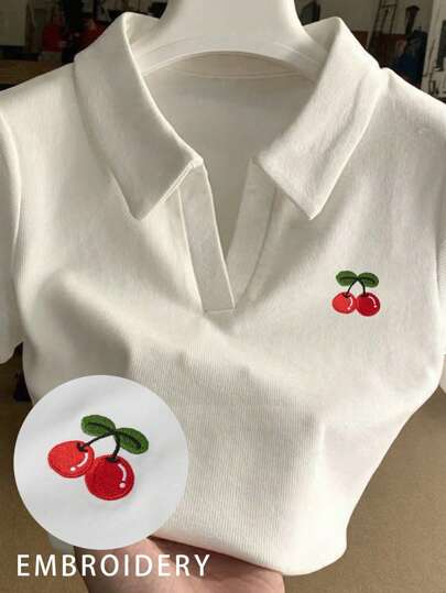 INAWLY Camiseta con bordado de cerezas para mujer, top casual y lindo