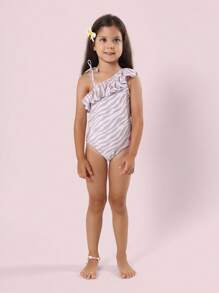 SUMWON One Shoulder Ruffle Swimsuit Girl Summer Kids Beach Swimming Pool Bathing Suit Sun Protection - Brown - View 2