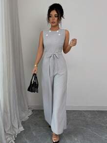 Elenzga Women's Elegant Sleeveless Round Neck Striped Belt Waist Jumpsuit, Spring/Summer