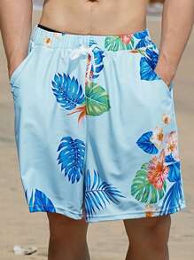 Quần short đi biển họa tiết hoa màu xanh dành cho nam mùa hè, phong cách Hawaii - Màu xanh lam - Xem 4