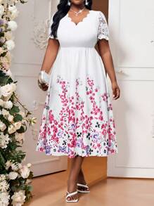 Fleurora 春夏优雅通勤办公室彩色V领喇叭花瓣袖撞色蕾丝中长短袖大码连衣裙女士夏季服装女士夏季连衣裙女士办公室服装女士服装夏季办公室连衣裙 - 彩色 - 查看 7