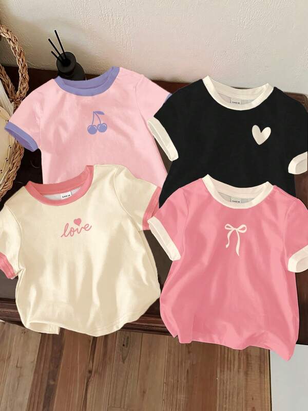 SHEIN 4pcs/Pack Young Girl Casual Minimalist Round Neck Short Sleeve Basic T-Shirt, Suitable For Spring/Summer