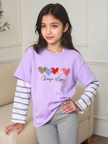 Sparklyn 女童可爱卡通心形图案舒适圆领二合一长袖T恤