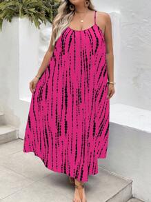 SHEIN CURVE+ 大码树印花细肩带露背宽松舒适连衣裙，适合度假和海滩女士海滩装/沙滩裙/海滩度假装/海滩必备品/毕业/茶会礼服，太阳裙夏季/乡村/海滩度假装/海滩装/沙滩装 - 玫紅色 - 查看 6