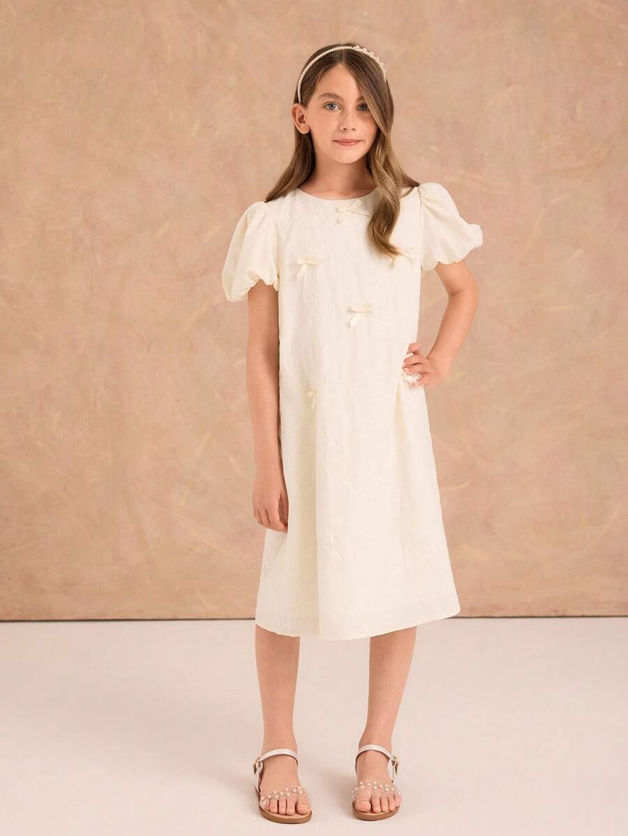 Ontre Tween Girls Loose Casual Puff Sleeve Butterfly Decor Dress - Apricot - View 1