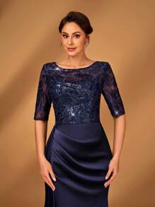 Serin 优雅浪漫奢华蓝色串珠刺绣缎面拼布 V 领短袖鱼尾荷叶边下摆开衩亮片连衣裙，适合正式活动、派对、约会、度假、舞会、婚礼、新娘母亲礼服 - 藏蓝色 - 查看 4