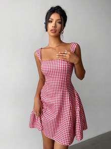 Aloruh Váy ngắn kẻ caro đỏ trắng thanh lịch cho nữ - Đỏ và trắng - Xem 5
